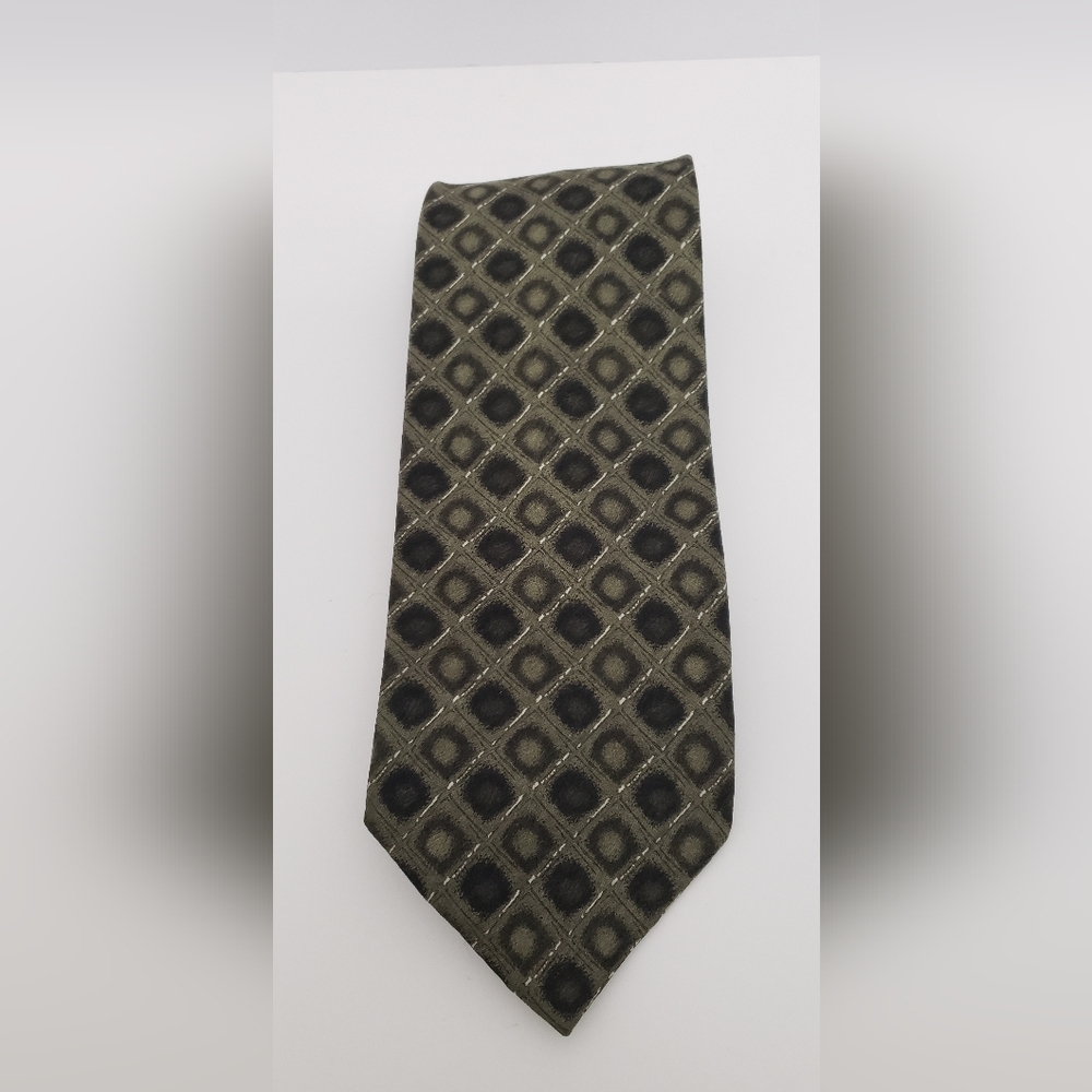 Carlos Devenezia Men's Tie Olive Green Pattern Silk Barcelona Long Excellent